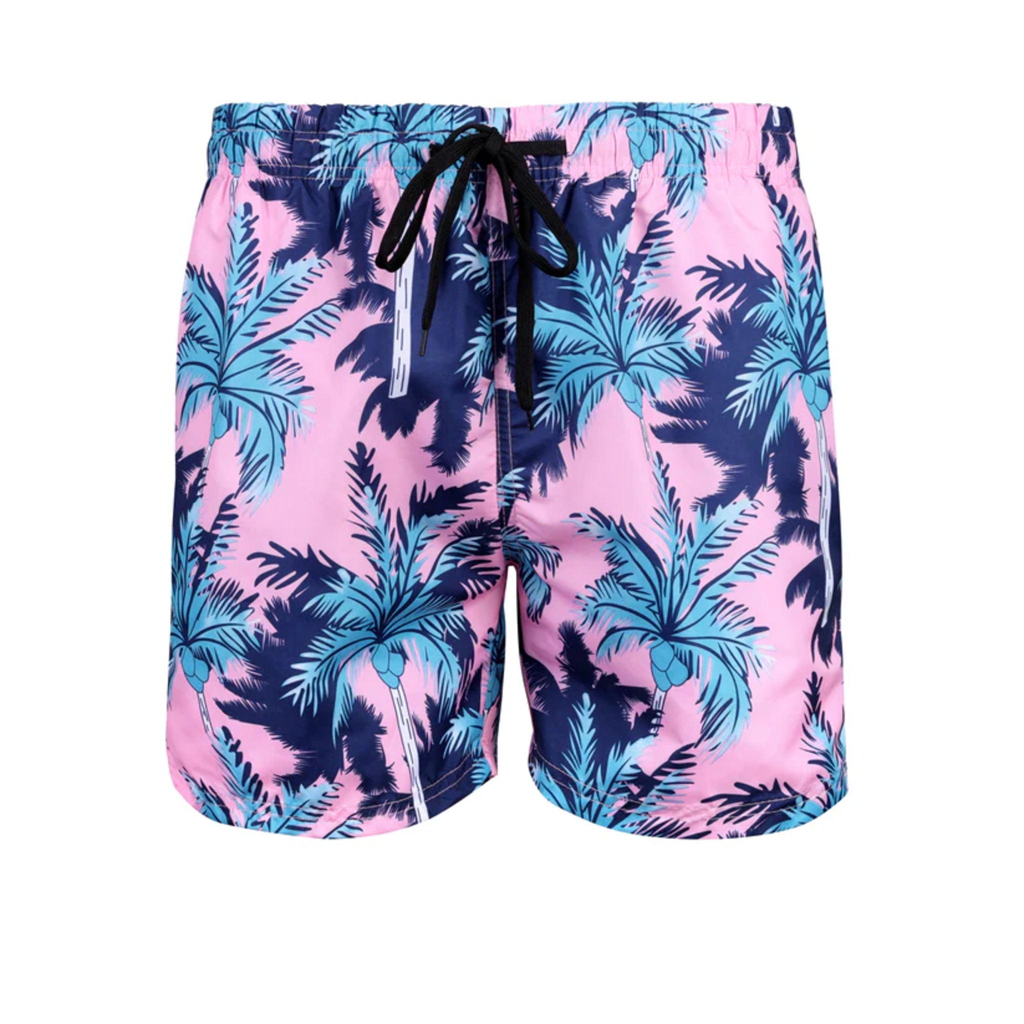 Men's pink tropical swim shorts – blue palm tree print with black drawstring